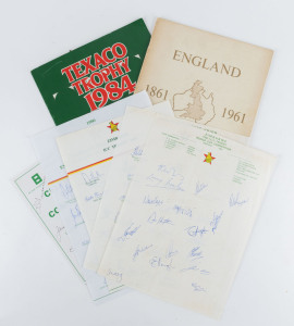 Selection of Items with ZIMBABWE signed team sheets for 1982 ICC World Cup, 1983 Prudential World Cup, 1986 ICC Trophy, 1990 Tour of England & ICC Trophy (Holland); also 1861-1961 100 Years of Cricket Exhibition souvenir booklet, 1984 Texaco Trophy player