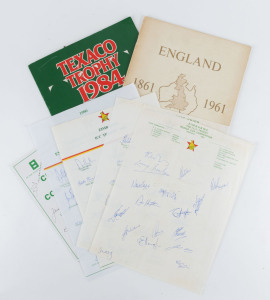 Selection of Items with ZIMBABWE signed team sheets for 1982 ICC World Cup, 1983 Prudential World Cup, 1986 ICC Trophy, 1990 Tour of England & ICC Trophy (Holland); also 1861-1961 100 Years of Cricket Exhibition souvenir booklet, 1984 Texaco Trophy player caricature cricket cards (12) in folder, 1993 Celebrity Golf Competition signed programme noting Gary Sobers, Tony Grieg & Fred Trueman. (7 items)