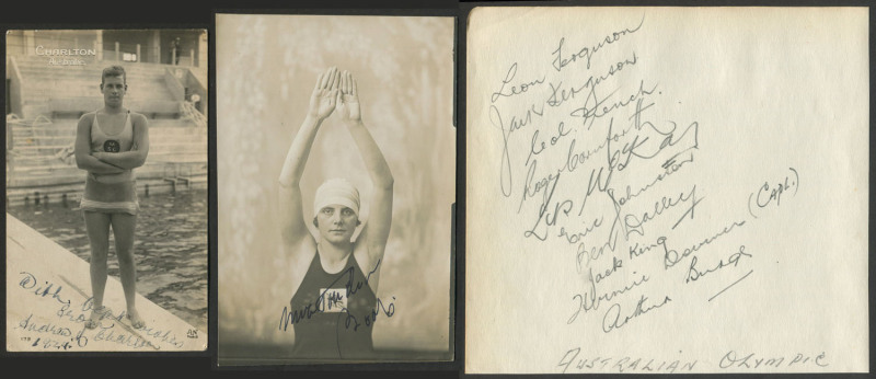 1924 Paris, VIII Summer Olympics: SWIMMING: signed photograph of Australian Andrew "Boy" Charlton who won gold in 1924 Paris Olympics 1500m freestyle and also bronze in the 400m frestyle behind "Tarzan" actor Johnny Weismuller; also a page from British 19