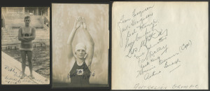 1924 Paris, VIII Summer Olympics: SWIMMING: signed photograph of Australian Andrew "Boy" Charlton who won gold in 1924 Paris Olympics 1500m freestyle and also bronze in the 400m frestyle behind "Tarzan" actor Johnny Weismuller; also a page from British 1924 200m breaststroke gold medallist Lucy Morton's autograph book with signatures of the 1948 Australia Olympic water polo team, plus a photograph of Morton in her GB swimming costume. (3 items)