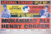 MUHAMMAD ALI: 1966 ringside ticket for Heavyweight Championship fight against HENRY COOPER held at Arsenal Stadium, plus a mounted photocopy of the fight poster (22.5x15cm), plus Ali's signature (probabbly from early 2000s) on small plain piece. (3 items) - 3