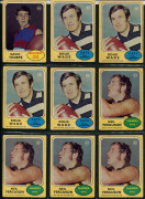 1970-75 Scanlens "Footballers" array with many duplicates comprising 1970 [62], 1972 [42], 1973 Series A [13] & Series B [6], 1974 [9, incl. 2 checklists], 1975 [5, incl 3 checklists], condition fair to VF. (137)