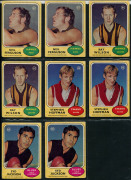 1970-75 Scanlens "Footballers" array with many duplicates comprising 1970 [62], 1972 [42], 1973 Series A [13] & Series B [6], 1974 [9, incl. 2 checklists], 1975 [5, incl 3 checklists], condition fair to VF. (137) - 2