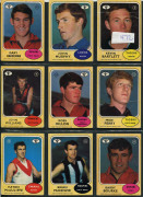 1970-75 Scanlens "Footballers" array with many duplicates comprising 1970 [62], 1972 [42], 1973 Series A [13] & Series B [6], 1974 [9, incl. 2 checklists], 1975 [5, incl 3 checklists], condition fair to VF. (137) - 5