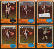 1970-75 Scanlens "Footballers" array with many duplicates comprising 1970 [62], 1972 [42], 1973 Series A [13] & Series B [6], 1974 [9, incl. 2 checklists], 1975 [5, incl 3 checklists], condition fair to VF. (137) - 8