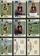 1970-75 Scanlens "Footballers" array with many duplicates comprising 1970 [62], 1972 [42], 1973 Series A [13] & Series B [6], 1974 [9, incl. 2 checklists], 1975 [5, incl 3 checklists], condition fair to VF. (137) - 9