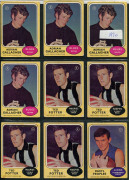 1970-75 Scanlens "Footballers" array with many duplicates comprising 1970 [62], 1972 [42], 1973 Series A [13] & Series B [6], 1974 [9, incl. 2 checklists], 1975 [5, incl 3 checklists], condition fair to VF. (137) - 15