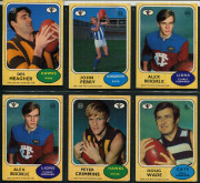 1970-75 Scanlens "Footballers" array with many duplicates comprising 1970 [62], 1972 [42], 1973 Series A [13] & Series B [6], 1974 [9, incl. 2 checklists], 1975 [5, incl 3 checklists], condition fair to VF. (137) - 16