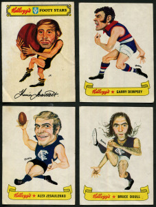 1973 Kelloggs "Australian Football Caricatures" stickers, incomplete set [8/30] including Bruce Doull, Alex Jesaulenko & Garry Demsey; also 1974 "Footy Stars" stickers [3/24], noting Kevin Bartlett & Francis Bourke; overall G/VG