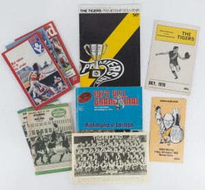 1957-1986 Richmond group including 1973 VFL Grand Final vs Carlton, 1975 vs Geelong and against Melbourne; also 1969 Premiership souvenir, 1970 (July) edition of "The Tigers", 1971 club photograph, plus 1983 Moonee Valley race meeting with cover celebrati