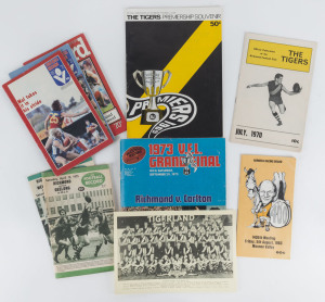 1957-1986 Richmond group including 1973 VFL Grand Final vs Carlton, 1975 vs Geelong and against Melbourne; also 1969 Premiership souvenir, 1970 (July) edition of "The Tigers", 1971 club photograph, plus 1983 Moonee Valley race meeting with cover celebrating Kevin Bartlett's 400th VFL Match. (10 items)