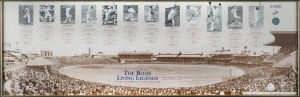 THE BLUES LIVING LEGENDS TEAM: Print "The Blues Living Legends" with 12 signatures - Don Bradman, Keith Miller, Arthur Morris, Allan Border, Alan Davidson, Bob Simpson, Steve Waugh, Brian Taber, Glenn McGrath, Neil Harvey, Richie Benaud & Norman O'Neill, limited edition '3/250', framed & glazed, with CofA, overall 108x46cm.