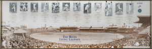 THE BLUES LIVING LEGENDS TEAM: Print "The Blues Living Legends" with 12 signatures - Don Bradman, Keith Miller, Arthur Morris, Allan Border, Alan Davidson, Bob Simpson, Steve Waugh, Brian Taber, Glenn McGrath, Neil Harvey, Richie Benaud & Norman O'Neill, 