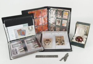 BRADMAN MEMORABILIA: with 1908-2008 Centenary Ceramic Cricket Ball, limited edition numbered '283/1500' in original presentation box; also album of Bradman related stamps & philatelic covers including 1997 FDC Legends FDC signed by Bradman (with CofA); album of Bradman related postcards including Test Team cards for 1930 (3, one an official photograph, another sponsored by Jaeger Wool), 1934 & 1938; also an album of trading cards many featuring Bradman; condition generally F/VF. (Qty)