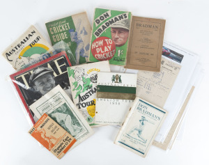 BRADMAN RELATED PUBLICATIONS: with 1938 Tour to England Orient Line "RMS ORONTES" guide & Olympic Tyre & Rubber Co Test Itinerary, 1948 "The Australian Tour" guide (2);, 1946-47 "Pocket Book Cricket Guide" for England-Australia Tests, "Bradman 1927-41" compiled by E.L.Roberts, Don Bradman's "How to Play Cricket" (Daily Mail, 1935), 1948 Australian XI vs Tasmania souvenir programme, also score cards for Australian games featuring Bradman (6),