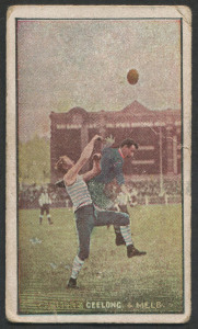 1908-09 SNIDERS & ABRAHAMS: "Australian Football - Incidents in Play", overwritten card "GEELONG & MELB" (Carlton obliterated), corner crease, VG overall.