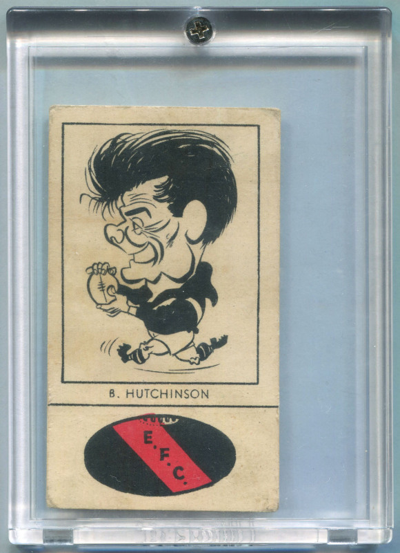 ESSENDON: 1954 Fyna Foods "Victorian Footballer Caricatures" with club colours at base - No.9 B. Hutchison. G/VG