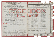 ESSENDON: Member's Season Ticket for 1949, No 5751, with fixture list & hole punched for each game attended. Good condition. [Another Premiership Year - Essendon's 9th Premiership] - 2