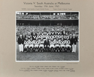 1963 VICTORIA TEAM PHOTO: Allan Studios (Collingwood) team photo, taken in front of the MCG Northern Stand prior to game against South Australia, 15th June, 1963. Scores "South Australia - 12 goals, 8 behinds - 80 points; Victoria 10 goals, 13 behinds - 7