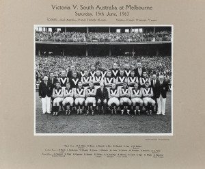 1963 VICTORIA TEAM PHOTO: Allan Studios (Collingwood) team photo, taken in front of the MCG Northern Stand prior to game against South Australia, 15th June, 1963. Scores "South Australia - 12 goals, 8 behinds - 80 points; Victoria 10 goals, 13 behinds - 73 points " and players names are printed on the mount, signed on reverse by John Birt, Ken Fraser,