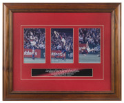 ESSENDON: '2000 AFL Grand Final" celebratory team photograph with commemorative plaque beneath; also 2001 Gary Moorcroft triptych of photos showing the "AFL Mark of the Year" sequence, centre photo signed by Moorcroft; both items framed & glazed, overall - 2