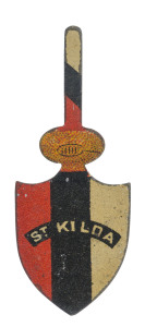 ST KILDA: 1910-11 Sniders & Abrahams "Football Club shields" for St Kilda [1/39 known] in club colours of red, black & white, reverse inscribed "Smoke STANDARD Cigarettes"; VG condition. Rare.