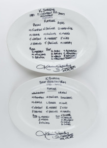 ESSENDON: two plain oval dinner plates, both written on and signed by Sheedy, the first plate showing "K.Sheedy's Best Essendon Team 1981-2007", the second plate showing "K.Sheedy's Essendon F.C. Assistant Coaches 1981-2007"; the plates created as a fund 