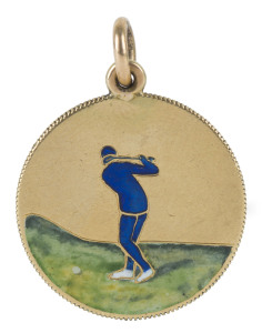 METROPOLITAN GOLF CLUB (NOW MELBOURNE G.C.): 1908 "May Medal" in 15 carat gold with enamalled golfer-in-mid-swing design on reverse, awarded to "G.A. Blackwood"; weight 7.17gr.
