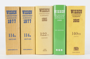 WISDEN'S ALMANACKS, original linen cover editions for 1977 (2), and hardbound editions with dust jackets for 1985, 2003 and the first Australian edition n 1998. Complete. (5).
