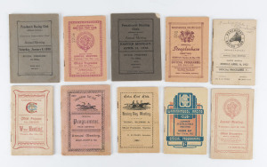 VICTORIAN RACING PROGRAMMES: mostly 1903-40s selection (few later) with Warrnambool (21) incl. May 1907, Apr. 1908, May 1912, Camperdown Jan 1903, May 1904 & May 1906, Colac Dec. 1906, Terang (5) incl. New Year's Day 1910, other from Port Fairy (2), Hamilton (3), Hawkesdale (4), Hexham (3), Koroit, Moonee Valley & Penhurst (4), plus a replica racebook detailing all of Phar Lap's 37 victories; mixed condition. (45)