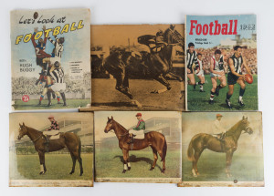 FAMOUS RACEHORSES: magazine/newspaper cutouts laminated and mounted, comprising colour images of 'AJAX' winner of 18 consecutive races between 1937-1940, 'THE TRUMP' winner of the Caulfield & Melbourne Cup double in 1937, 'RIVETTE' the first mare to complete he Caulfield & Melbourne Cup double in 1939, plus 'PHAR LAP' laminated 1939 Sporting Globe supplement; also framed (glazing broken) image of the 1956 Hotham Handicap triple dead-heat; all items with peripheral faults/staining;