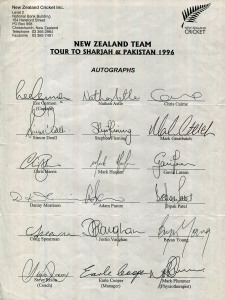 NEW ZEALAND: A nice group of six late 1990s official team sheets comprising of NEW ZEALAND TEAM TOUR TO SHARJAH & PAKISTAN 1996 (Germon, Capt.); Wills World Cup New Zealand Team 1996 (Germon, Capt.); Shell Rosebowl Clear New Zealand Women's Team 1996 (Ill