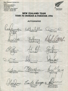 NEW ZEALAND: A nice group of six late 1990s official team sheets comprising of NEW ZEALAND TEAM TOUR TO SHARJAH & PAKISTAN 1996 (Germon, Capt.); Wills World Cup New Zealand Team 1996 (Germon, Capt.); Shell Rosebowl Clear New Zealand Women's Team 1996 (Illingworth, Capt.); 1997/98 New Zealand Team to Australia (Fleming, Capt.); 1999 New Zealand Squad England Tour (Fleming, Capt.); New Zealand Squad World Cup 1999 (Fleming, Capt.). (113 original signatures).