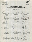 NEW ZEALAND: A nice group of six late 1990s official team sheets comprising of NEW ZEALAND TEAM TOUR TO SHARJAH & PAKISTAN 1996 (Germon, Capt.); Wills World Cup New Zealand Team 1996 (Germon, Capt.); Shell Rosebowl Clear New Zealand Women's Team 1996 (Ill