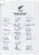 NEW ZEALAND: A nice group of six late 1990s official team sheets comprising of NEW ZEALAND TEAM TOUR TO SHARJAH & PAKISTAN 1996 (Germon, Capt.); Wills World Cup New Zealand Team 1996 (Germon, Capt.); Shell Rosebowl Clear New Zealand Women's Team 1996 (Ill - 6