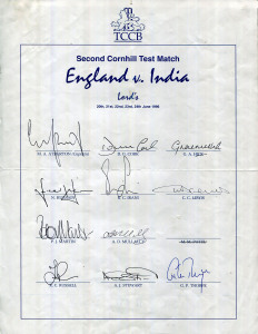 ENGLAND: A nice group of 6 late 1990s official team sheets, comprising ENGLAND v India (Lords Test, June 1996) (Atherton, Capt.); ENGLAND v Pakistan 1996 Texaco Trophy (Atherton, Capt.); England Tour to Zimbabwe & New Zealand 1996/97 (Atherton, Capt.); En