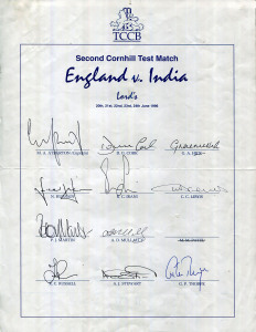 ENGLAND: A nice group of 6 late 1990s official team sheets, comprising ENGLAND v India (Lords Test, June 1996) (Atherton, Capt.); ENGLAND v Pakistan 1996 Texaco Trophy (Atherton, Capt.); England Tour to Zimbabwe & New Zealand 1996/97 (Atherton, Capt.); England Team to Lahore and Sharjah 1997 (Hollioake, Capt.); England Tour to Australia 1998-99 Ashes Party (Stewart, Capt.); Carlton & United Series 1998/99 England Touring Party (Stewart, Capt.). (90 original signatures).