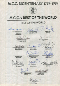 6 different official team sheets, comprising M.C.C. BICENTENARY 1787-1987 REST OF THE WORLD TEAM v M.C.C. (Border, Capt., Dujon, Gavaskar, Haynes, Jones, Miandad, Singh, Walsh, etc.); March 1990 QUEENSLAND Team v Western Australia FAI Cup Semi-Final (Ritc