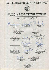 6 different official team sheets, comprising M.C.C. BICENTENARY 1787-1987 REST OF THE WORLD TEAM v M.C.C. (Border, Capt., Dujon, Gavaskar, Haynes, Jones, Miandad, Singh, Walsh, etc.); March 1990 QUEENSLAND Team v Western Australia FAI Cup Semi-Final (Ritchie, Capt.); 2004-5 Redbacks Squad (Lehmann, Capt.; Manou, V.C.); 2016 PAKISTAN Tour of England (Misbah-ul-Haq, Capt.); 2018 SOUTH AFRICA One Day Squad to Australia (Du PLessis, Capt.); 2018-19 INDIA Tour of Australia (Kohli, Capt.).