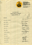 6 different official team sheets, comprising M.C.C. BICENTENARY 1787-1987 REST OF THE WORLD TEAM v M.C.C. (Border, Capt., Dujon, Gavaskar, Haynes, Jones, Miandad, Singh, Walsh, etc.); March 1990 QUEENSLAND Team v Western Australia FAI Cup Semi-Final (Ritc - 2