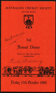 4 signed menus: ACS 3rd Annual Dinner (Marleston) Oct.1980 signed by BILL O'REILLY & DON BRADMAN: 1982-83 District Cricketer of the Year (Adelaide) signed by DON BRADMAN & TONY LOCK; 1994 Welcome to the South African Team signed by many cricketers incl. Redpath, Burge, Goddard, Proctor, Lillee, Farrer, etc; June 1995 "Success in the West Indies" lunch signed by McGrath, Boon, Warne, Waugh, etc.