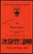 4 signed menus: ACS 3rd Annual Dinner (Marleston) Oct.1980 signed by BILL O'REILLY & DON BRADMAN: 1982-83 District Cricketer of the Year (Adelaide) signed by DON BRADMAN & TONY LOCK; 1994 Welcome to the South African Team signed by many cricketers incl. R