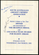 4 signed menus: ACS 3rd Annual Dinner (Marleston) Oct.1980 signed by BILL O'REILLY & DON BRADMAN: 1982-83 District Cricketer of the Year (Adelaide) signed by DON BRADMAN & TONY LOCK; 1994 Welcome to the South African Team signed by many cricketers incl. R - 2