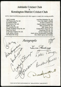 4 signed menus: ACS 3rd Annual Dinner (Marleston) Oct.1980 signed by BILL O'REILLY & DON BRADMAN: 1982-83 District Cricketer of the Year (Adelaide) signed by DON BRADMAN & TONY LOCK; 1994 Welcome to the South African Team signed by many cricketers incl. R - 5