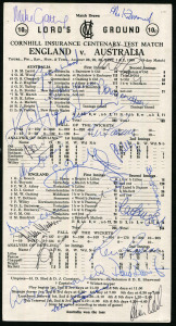 LORD'S GROUND SCORE CARDS with numerous signatures: England v Australia Centenary Test 1980 signed by both teams; M.C.C. v Rest of the World, Aug.1987 signed by 11 of M.C.C. and 10 of RoW + Clive Lloyd; and England v New Zealand June 1990 signed by Richar