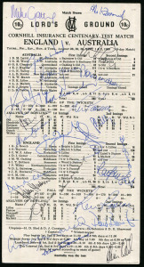 LORD'S GROUND SCORE CARDS with numerous signatures: England v Australia Centenary Test 1980 signed by both teams; M.C.C. v Rest of the World, Aug.1987 signed by 11 of M.C.C. and 10 of RoW + Clive Lloyd; and England v New Zealand June 1990 signed by Richard Hadlee.