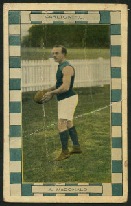 CARLTON: Champion Footballers Series: Andy McDonald postcard, circa 1915. Unused. Rarity rating: 10. (intact, but with creases).