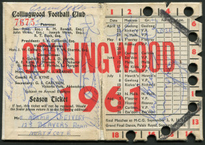 Collingwood: 1961 Member's Season Ticket, with Fixture List & hole punched for each game attended. Extensively signed inside and out; noted Murray Weideman, who was Captain and winner of the Copeland Trophy in 1961, Kevin Rose and Errol Hutchesson, Bill T