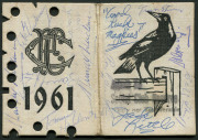Collingwood: 1961 Member's Season Ticket, with Fixture List & hole punched for each game attended. Extensively signed inside and out; noted Murray Weideman, who was Captain and winner of the Copeland Trophy in 1961, Kevin Rose and Errol Hutchesson, Bill T - 2