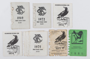 Collingwood: 1969, 1972, 1974 (2), 1975 (3) Member's Season Tickets, each with Fixture List & hole punched for each game attended. Also, 1977 Junior Ticket (poor condition) and 1985 Pensioners Season Ticket. (9 items).